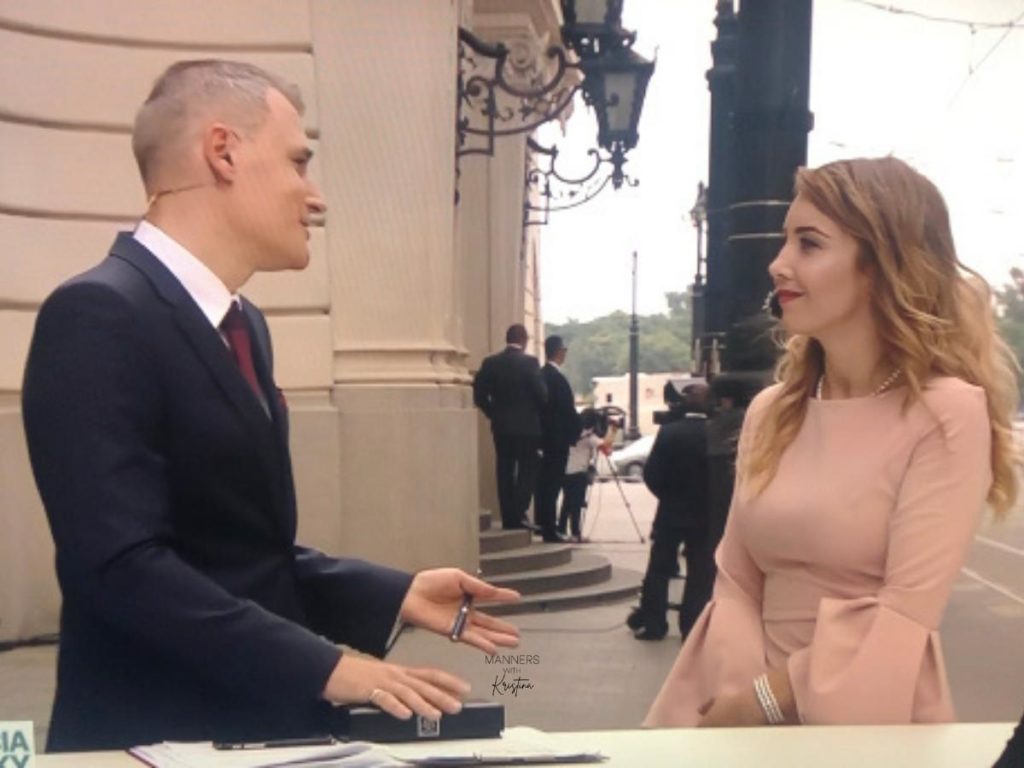 Kristina Szabova giving interview at the Presidential Inauguration Ceremony Bratislava Slovakia 2019 etiquette and protocol trainer coach expert