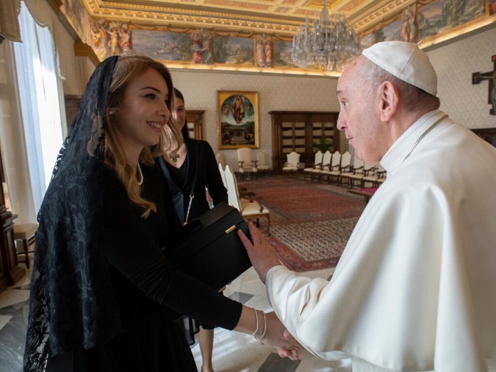 Kristina Szabova with Pope Francis, Vatican, March, 2019. Official audience at the Holy Seat. Papal Audience. Dress Code