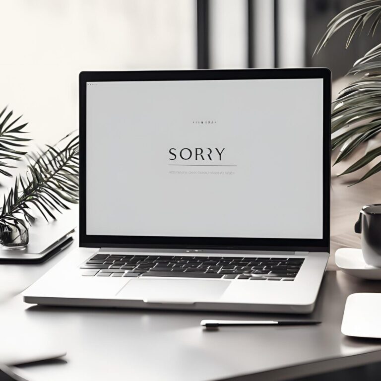 Business Communication, Office desk with a laptop reading "Sorry" message, minimalistic, clean lines.