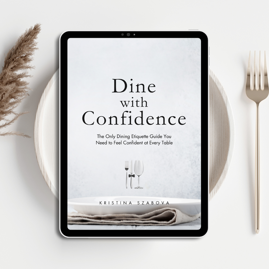 Dine with Confidence minimalistic and elegant ebook cover on dining etiquette by Manners with Kristina